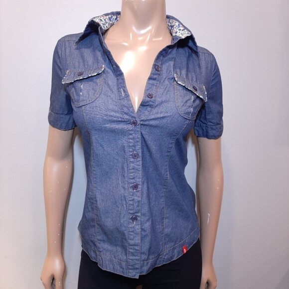 EDC Esprit Denim Shirt Button Down Short Sleeve Floral Western Y2K - Picture 11 of 11